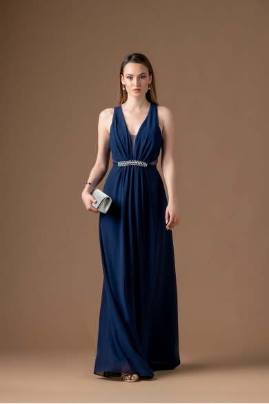 Μακρύ σκούρο μπλε φόρεμα με ζώνη ασημί