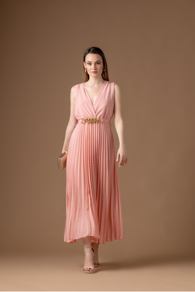 Μίντι πλισέ σομόν φόρεμα