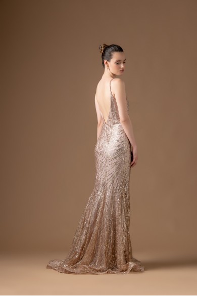 Μακρύ rose gold γοργονε φόρεμα 