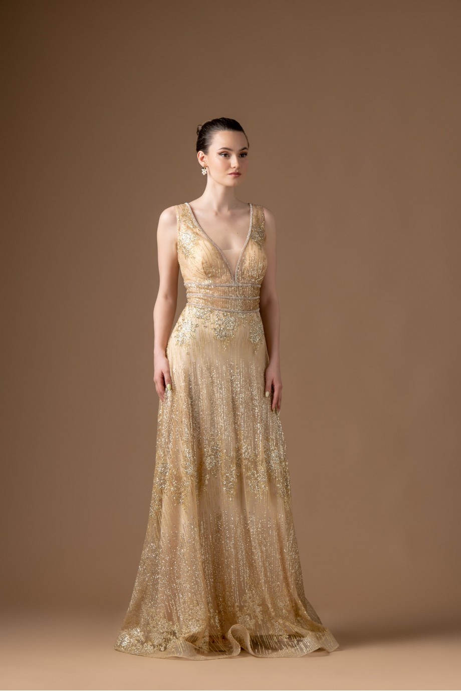 Μακρύ  χρυσό φόρεμα με glitter σε αλφα γραμμή