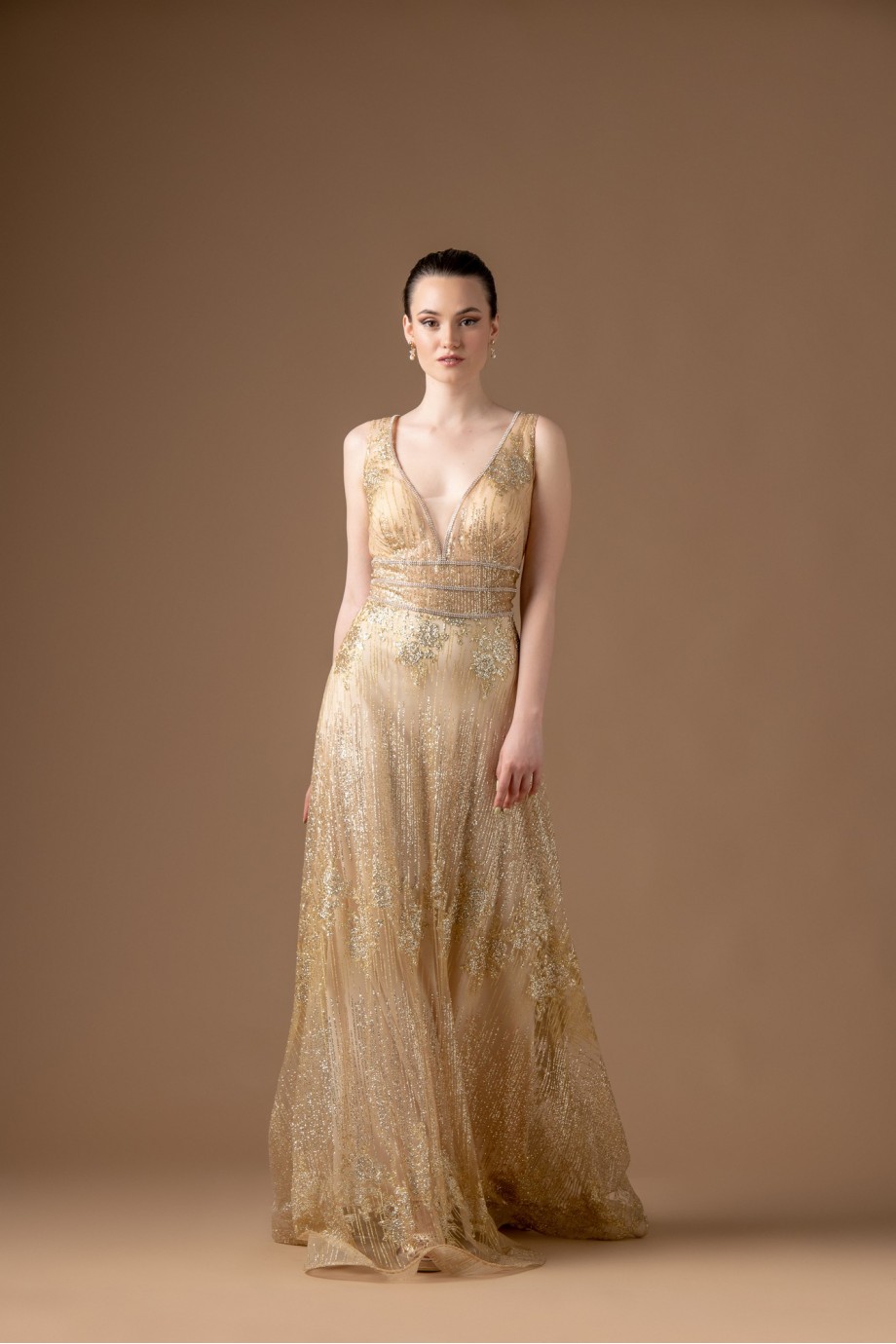 Μακρύ  χρυσό φόρεμα με glitter σε αλφα γραμμή