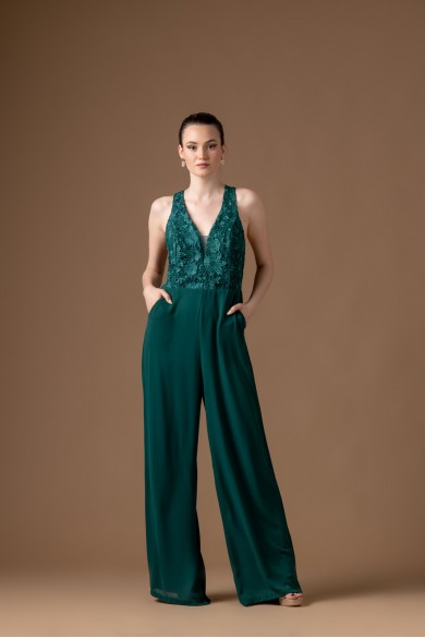 Ολόσωμη κυπαρισσί φόρμα με δαντελένιο μπούστο και φαρδύ παντελόνι