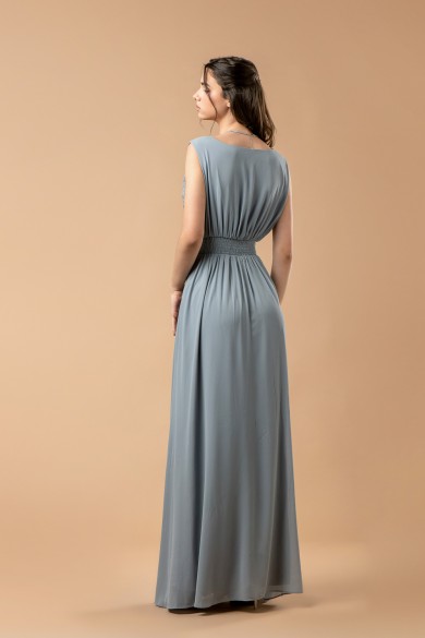 Μακρύ φόρεμα σε γκρι απόχρωση με κέντημα στην μέση 