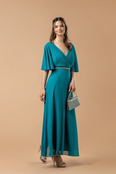 Μακρύ φόρεμα σε πετρόλ απόχρωση με πιέτες στο μπούστο