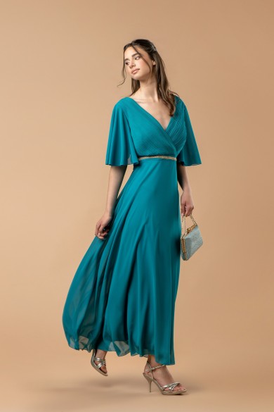 Μακρύ φόρεμα σε πετρόλ απόχρωση με πιέτες στο μπούστο