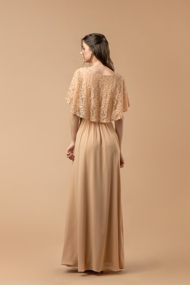 Μακρύ χρυσό φόρεμα με δαντελένιο μπολερό και μουσελίνα