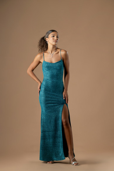 Μακρύ εφαρμοστό πετρόλ φόρεμα με glitter και σκίσιμο 