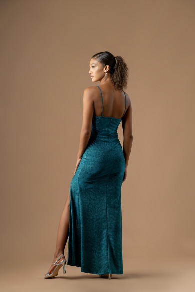 Μακρύ εφαρμοστό πετρόλ φόρεμα με glitter και σκίσιμο 