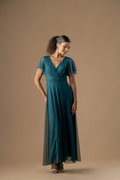 Αέρινο πετρόλ τούλινο φόρεμα με μανίκι κλος και δέσιμο στη μέση