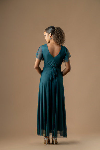 Αέρινο πετρόλ τούλινο φόρεμα με μανίκι κλος και δέσιμο στη μέση