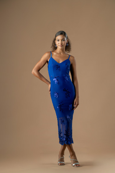 Μίντι μπλε ηλεκτρικ εφαρμοστό φόρεμα με μοτίφ παγέτας 