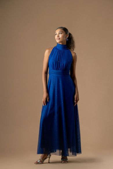 Ρομαντικό μπλε ηλεκτρίκ φόρεμα από τούλι με glitter και ψηλό λαιμό