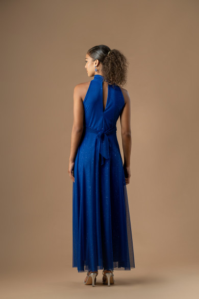 Ρομαντικό μπλε ηλεκτρίκ φόρεμα από τούλι με glitter και ψηλό λαιμό