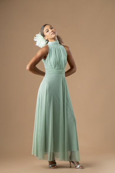 Ρομαντικό βεραμάν φόρεμα από τούλι με glitter και ψηλό λαιμό