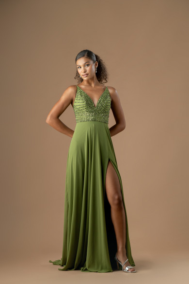 Μακρύ φόρεμα λάδι με κεντημένο μπούστο και ανοιχτή πλάτη