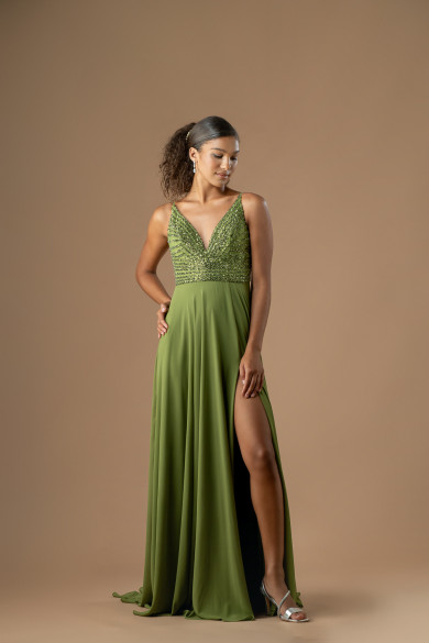 Μακρύ φόρεμα λάδι με κεντημένο μπούστο και ανοιχτή πλάτη
