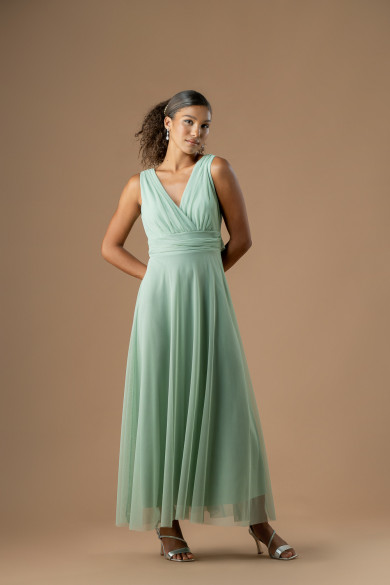 Μακρύ αμάνικο φόρεμα από τούλι σε βεραμάν απόχρωση με V ντεκολτέ