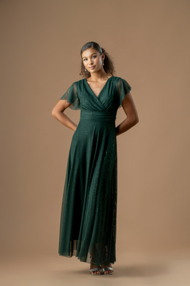 Μακρύ κυπαρισσί τούλινο φόρεμα με ντεκολτέ , κοντό μανίκι και glitter