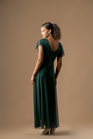 Μακρύ κυπαρισσί τούλινο φόρεμα με ντεκολτέ , κοντό μανίκι και glitter