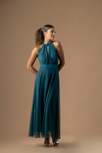 Μακρύ τούλινο φόρεμα πετρόλ με halter λαιμόκοψη