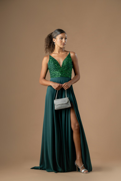 Μακρύ κυπαρισσί φόρεμα με κεντημένο μπούστο και σκίσιμο