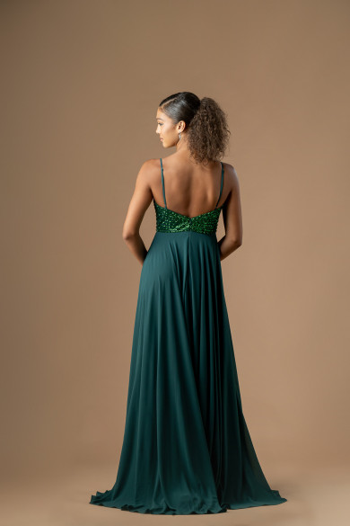 Μακρύ κυπαρισσί φόρεμα με κεντημένο μπούστο και σκίσιμο