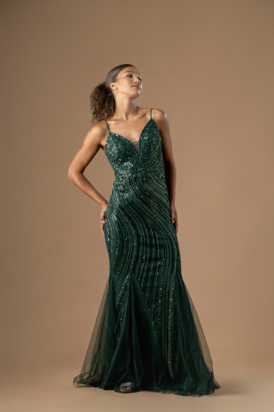 Μακρύ κυπαρισσί γοργονέ φόρεμα κεντημένο με χάντρες και παγέτες