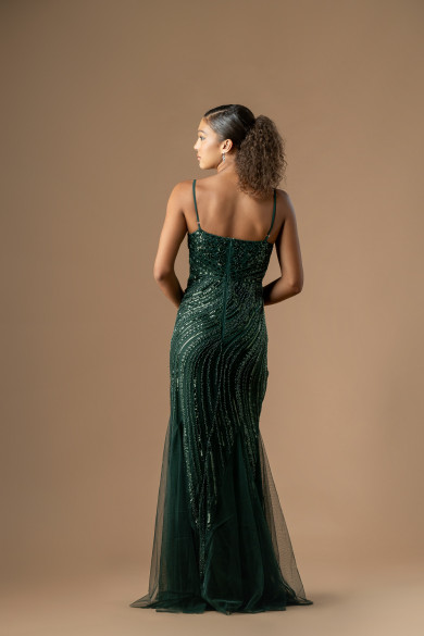 Μακρύ κυπαρισσί γοργονέ φόρεμα κεντημένο με χάντρες και παγέτες