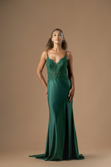 Μακρύ πράσινο φόρεμα με κεντημένο μπούστο κορσέ και σκίσιμο