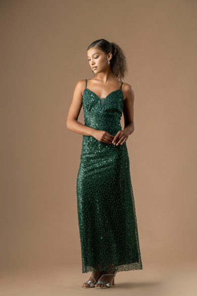 Μακρύ κυπαρίσσι φόρεμα κεντημένο με πέρλες σε ίσια γραμμή