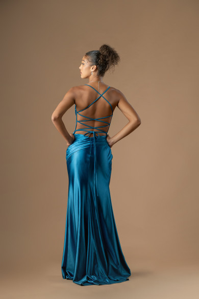 Μακρύ πετρόλ φόρεμα με κεντημένο μπούστο, κορσέ και γοργονέ φούστα