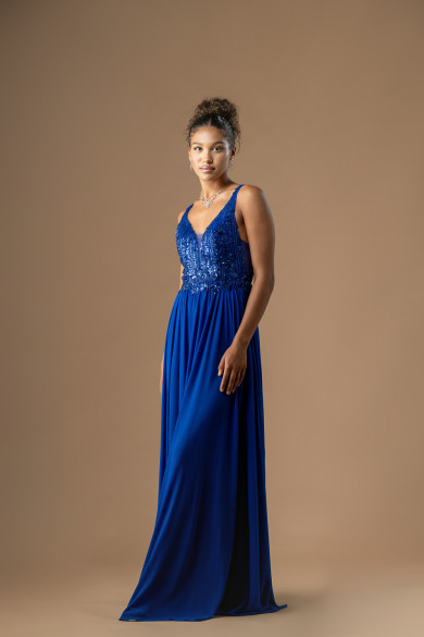 Μακρύ ηλεκτρίκ μπλε φόρεμα με κεντημένο μπούστο και ανοιχτή πλάτη