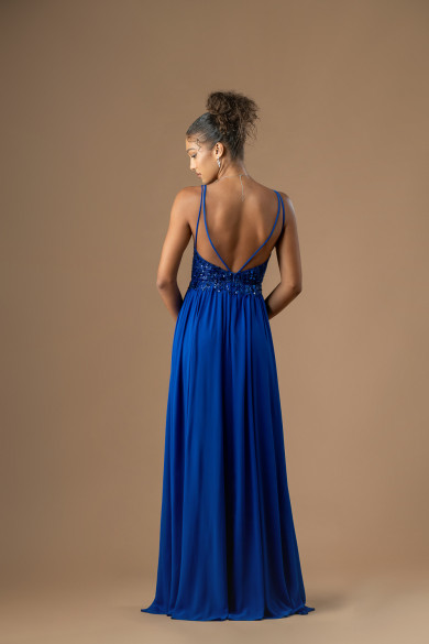 Μακρύ ηλεκτρίκ μπλε φόρεμα με κεντημένο μπούστο και ανοιχτή πλάτη