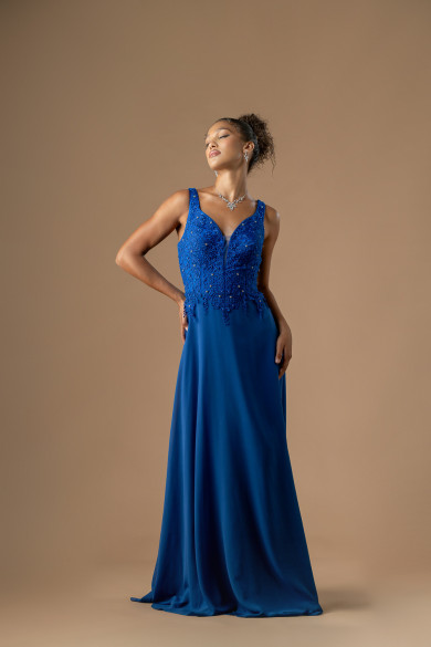 Μακρύ μπλε ηλεκτρίκ φόρεμα με μοτίφ δαντέλας και ανοιχτή πλάτη 