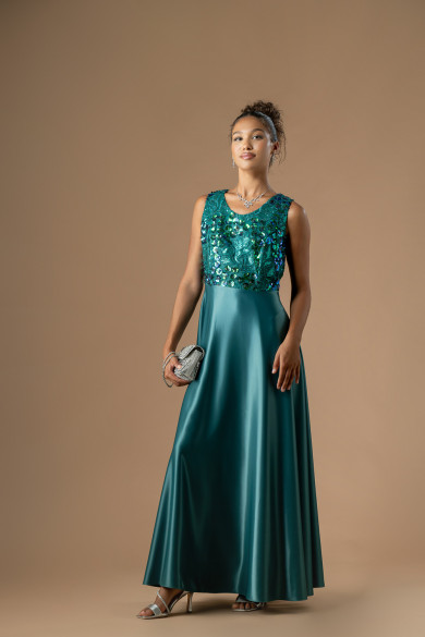 Μακρύ κυπαρισσί φόρεμα με στρογγυλή λαιμοκόψη, σατέν φούστα και δαντελένιο μπούστο