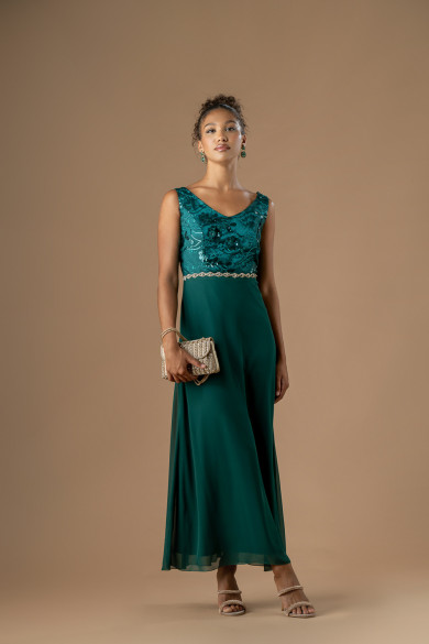 Μακρύ κυπαρισσί φόρεμα με δαντέλα από παγέτες και κλος φούστα από μουσελίνα