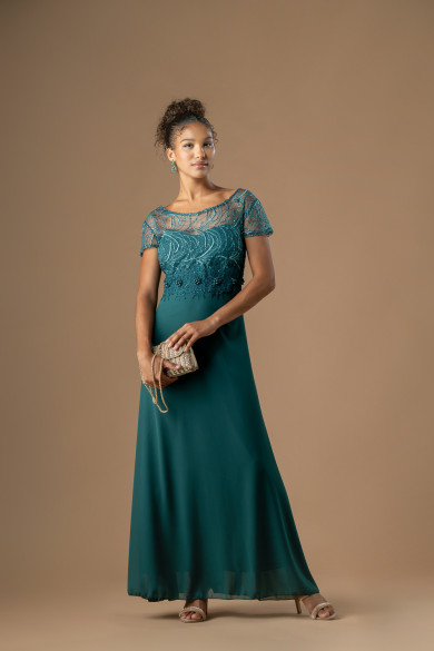 Μακρύ κυπαρισσί φόρεμα με δαντέλα, μουσελίνα και διαφάνεια στους ώμους