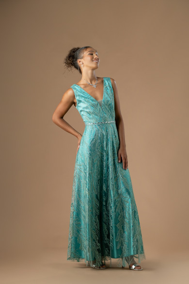 Μακρύ βεραμάν φόρεμα με κλος φούστα και δαντέλα με glitter