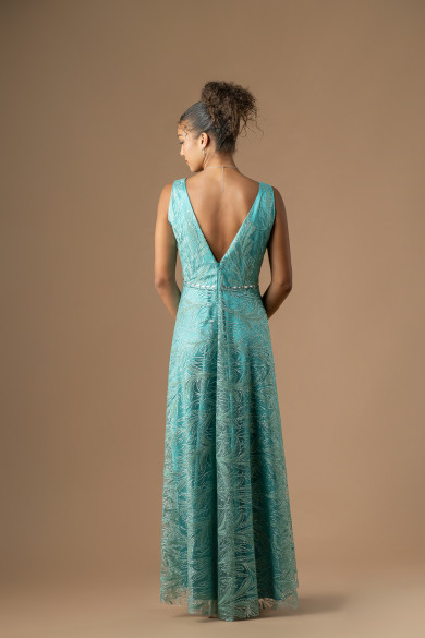 Μακρύ βεραμάν φόρεμα με κλος φούστα και δαντέλα με glitter