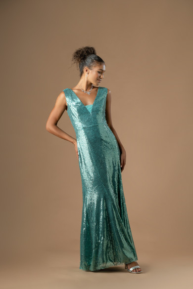 Μακρύ βεραμάν γοργονέ φόρεμα με παγιέτες και ανοιχτή πλάτη