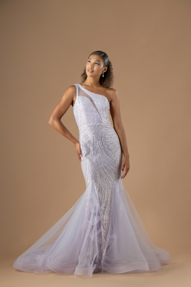 Λιλά γοργονέ βραδινό φόρεμα με έναν ώμο, παγιέτες & χάντρες