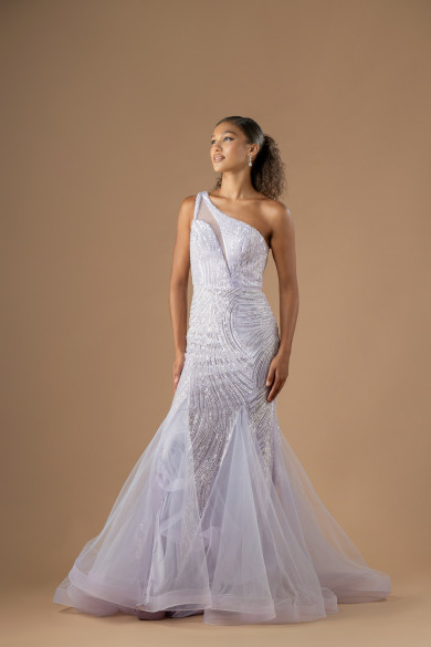 Λιλά γοργονέ βραδινό φόρεμα με έναν ώμο, παγιέτες & χάντρες