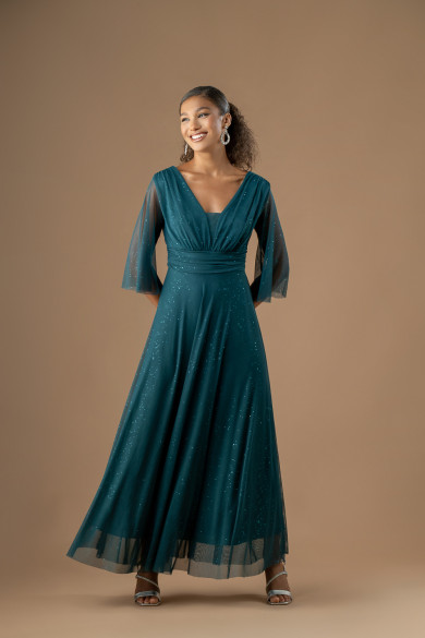 Μακρύ πετρόλ τούλινο φόρεμα με ντεκολτέ , καμπάνα μανίκι και glitter