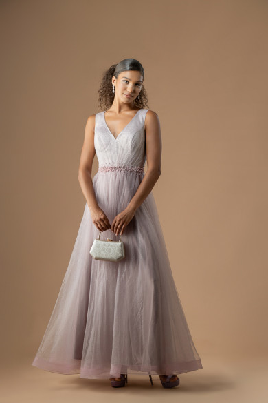 Λιλά Ρομαντικό Τούλινο Φόρεμα με Λάμψη & Ζώνη Πέρλας