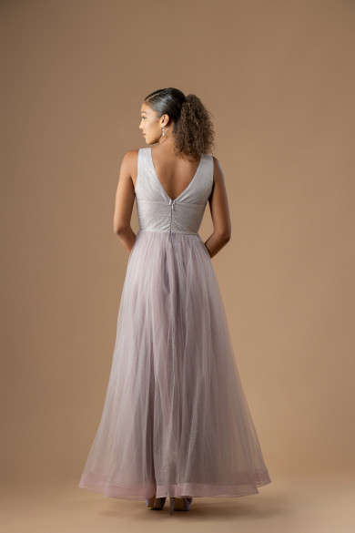 Λιλά Ρομαντικό Τούλινο Φόρεμα με Λάμψη & Ζώνη Πέρλας