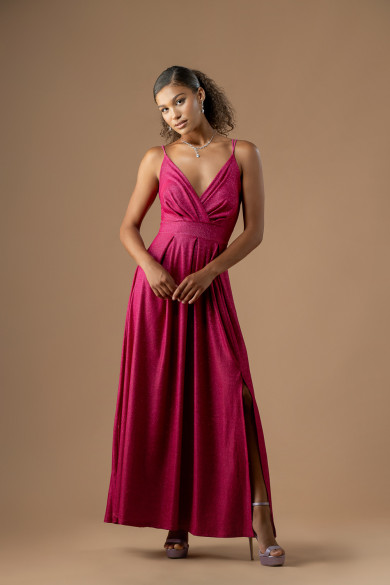 Μακρύ magenta φόρεμα με glitter και ανοιχτή πλάτη