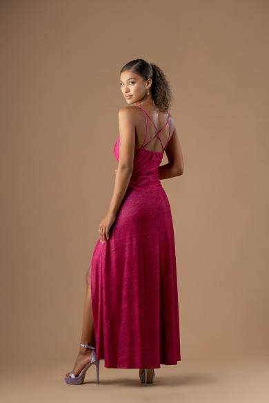 Μακρύ magenta φόρεμα με glitter και ανοιχτή πλάτη