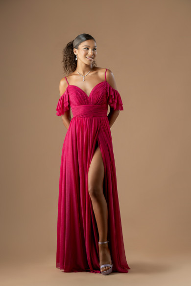 Μακρύ magenta ρομαντικό αέρινο φόρεμα με βολάν μανίκια και σκίσιμο