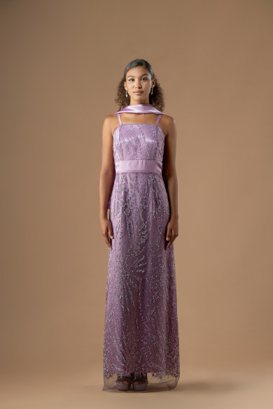 Μακρύ λιλά φόρεμα από δαντέλα glitter σε ίσια γραμμή