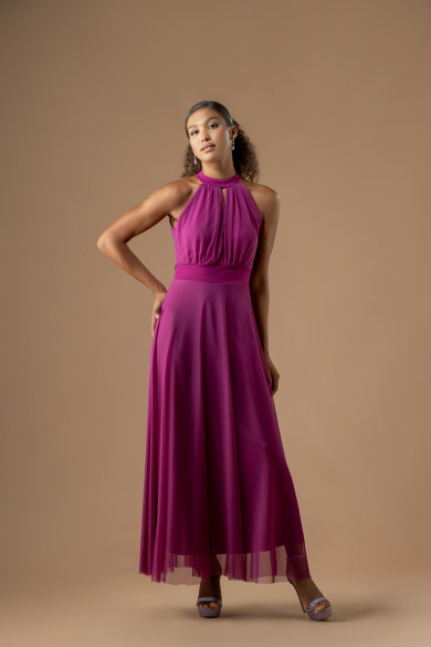 Μακρύ τούλινο φόρεμα magenta με halter λαιμόκοψη